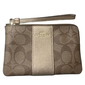 COACH Corner Zip Wristlet Signature Canvas Gold Stripe